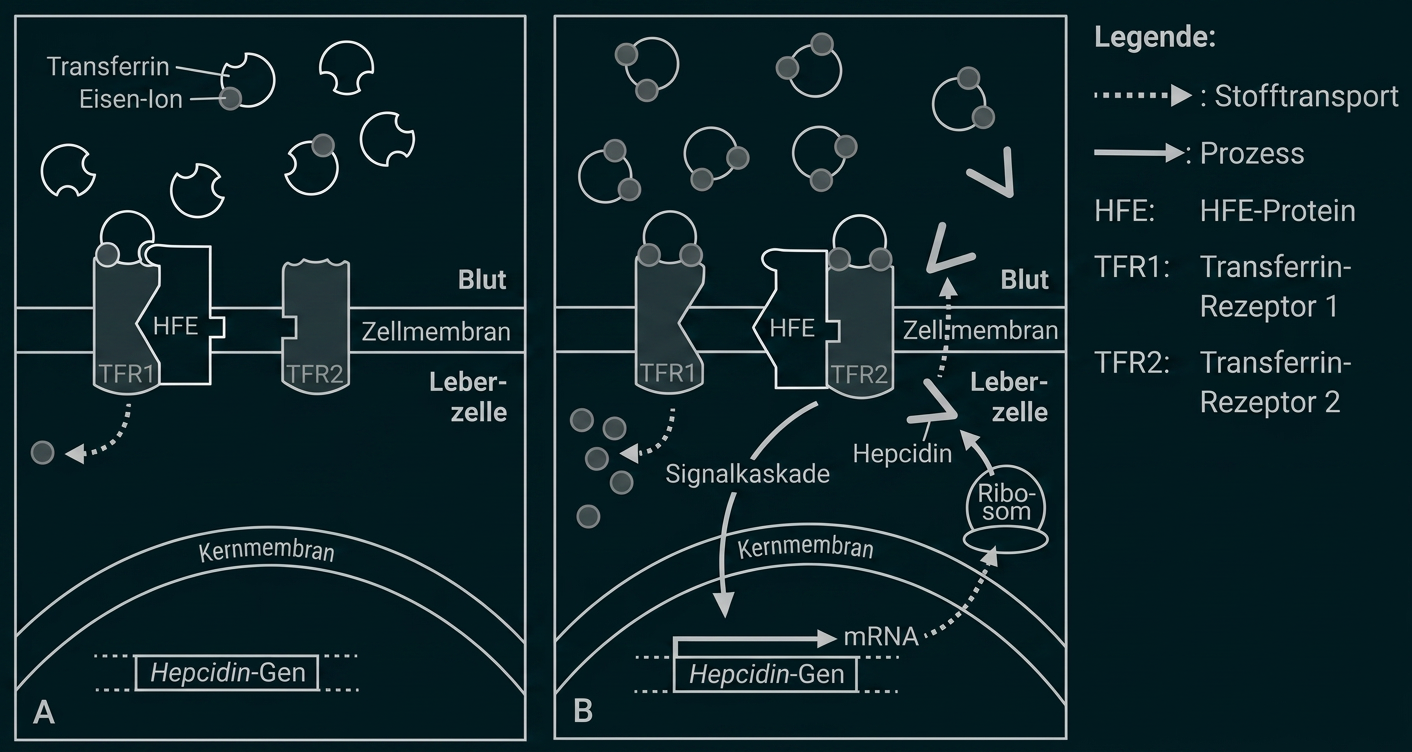 Schematische Darstellung der Hepcidin-Regulation durch Transferrin-Rezeptoren in einer Leberzelle.